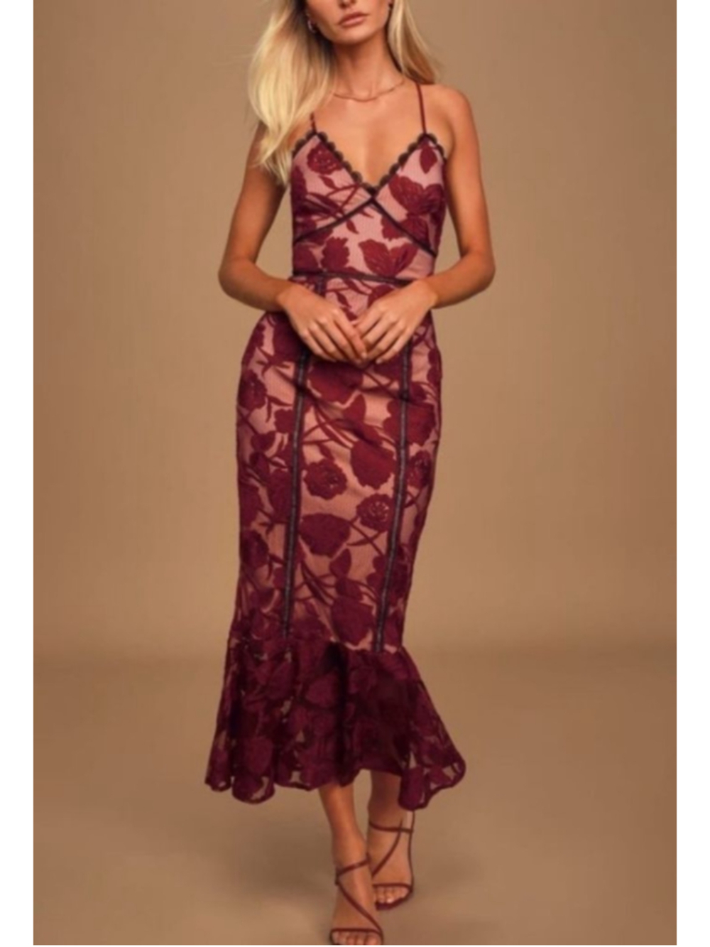 Lulus Burgundy Lace Midi Dress NWT Size M Floral Bodycon Mermaid Cocktail - Picture 13 of 13